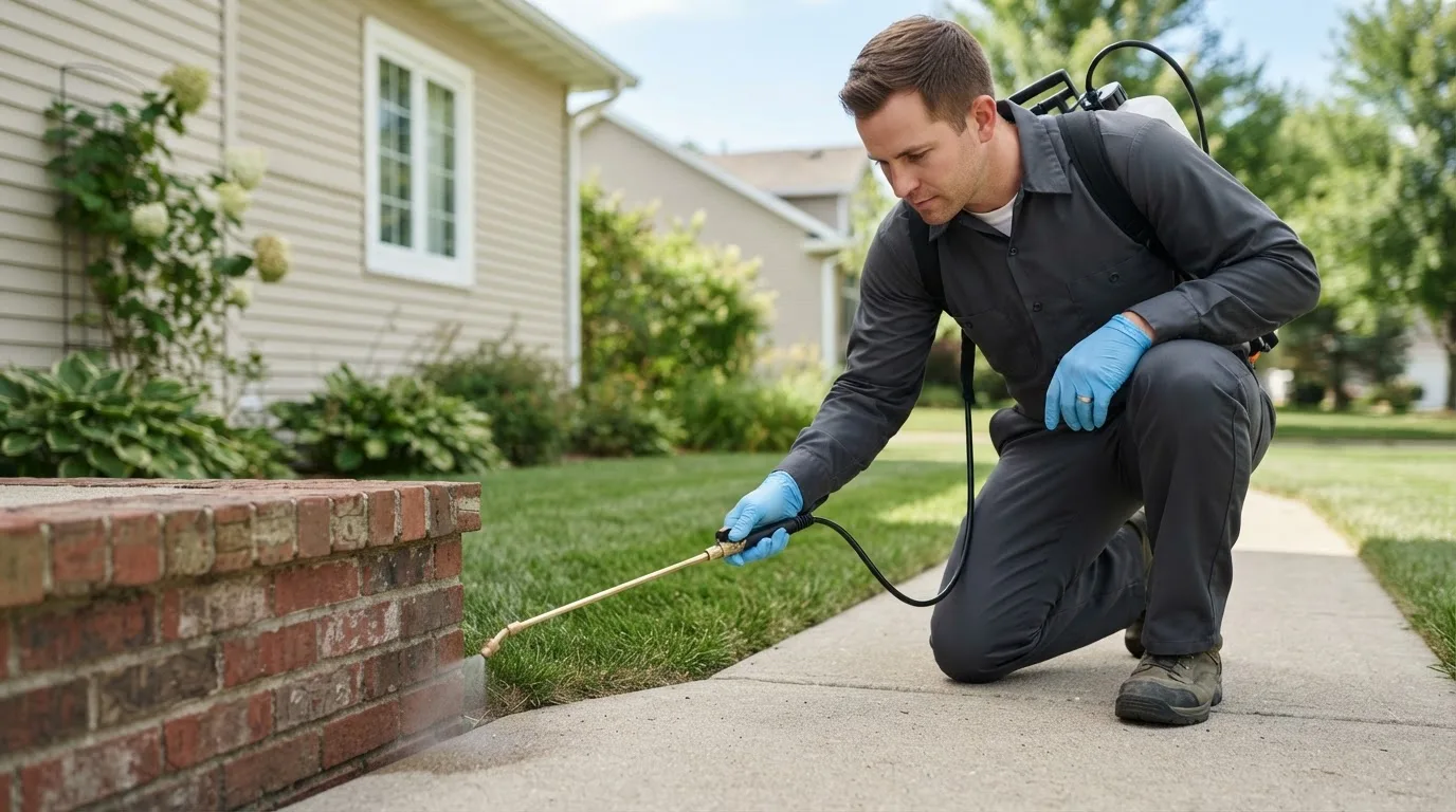 Pest control technician treating a home near Platte Center, NE