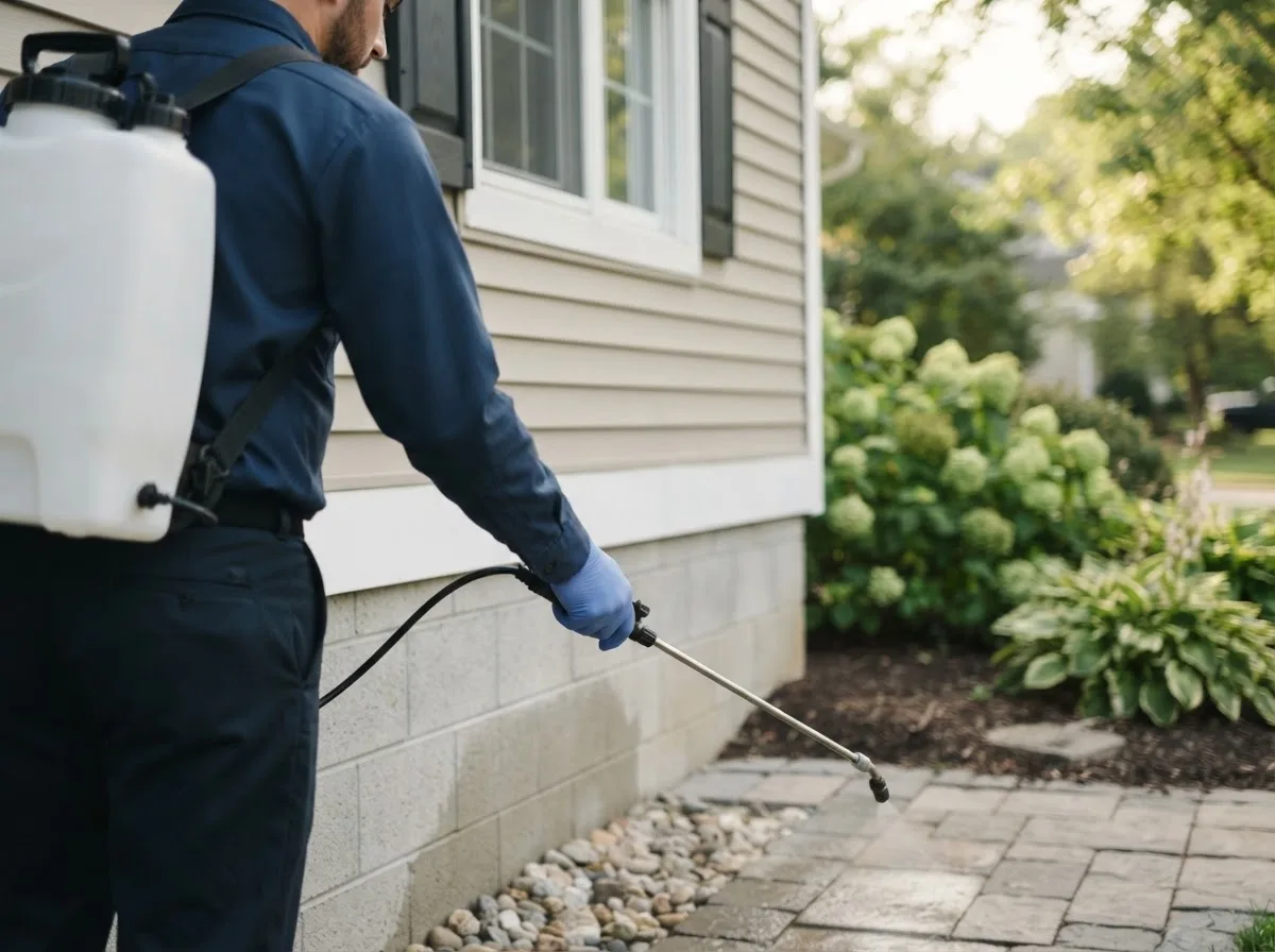 Pest control technician inspecting a home in Platte Center, NE